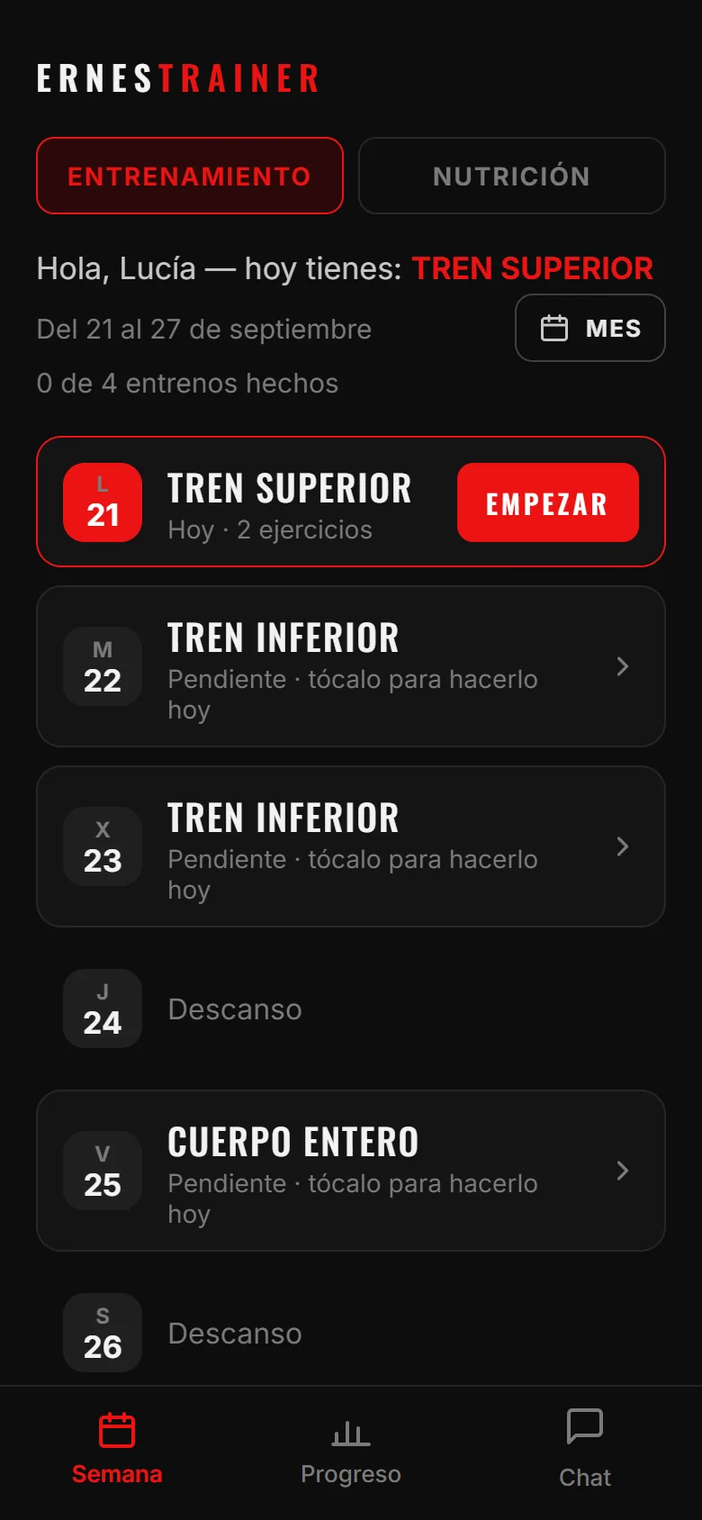 Pantalla de la semana: el entreno de hoy y los de los próximos días