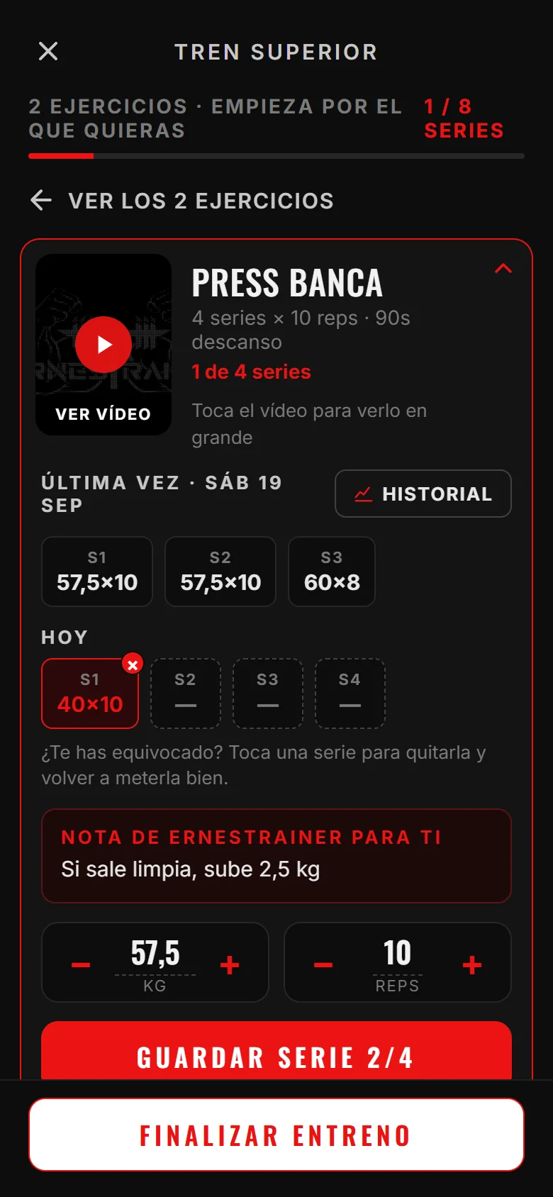 Pantalla de un entreno: vídeo del ejercicio, la última vez, las series de hoy y la nota del entrenador
