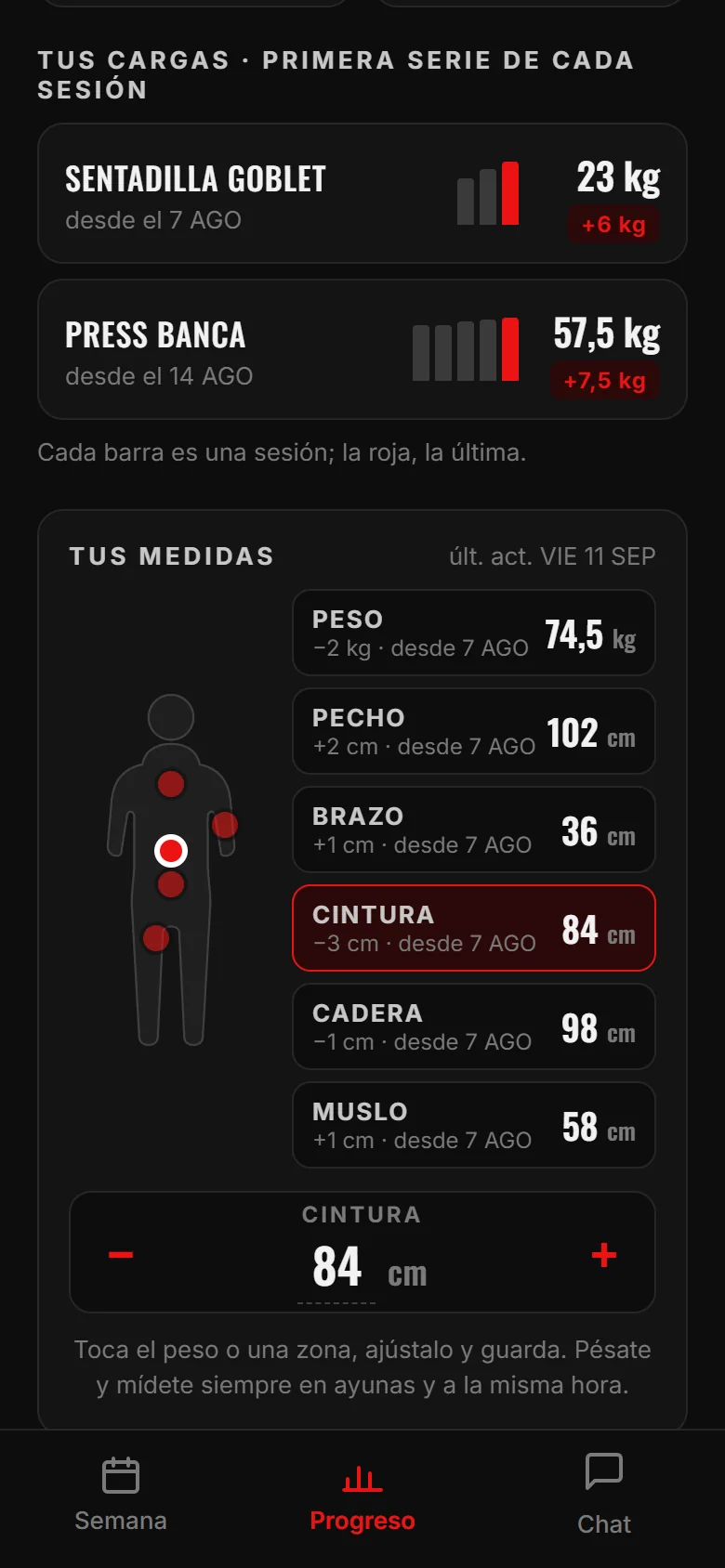 Pantalla de progreso: cargas de cada ejercicio y medidas corporales