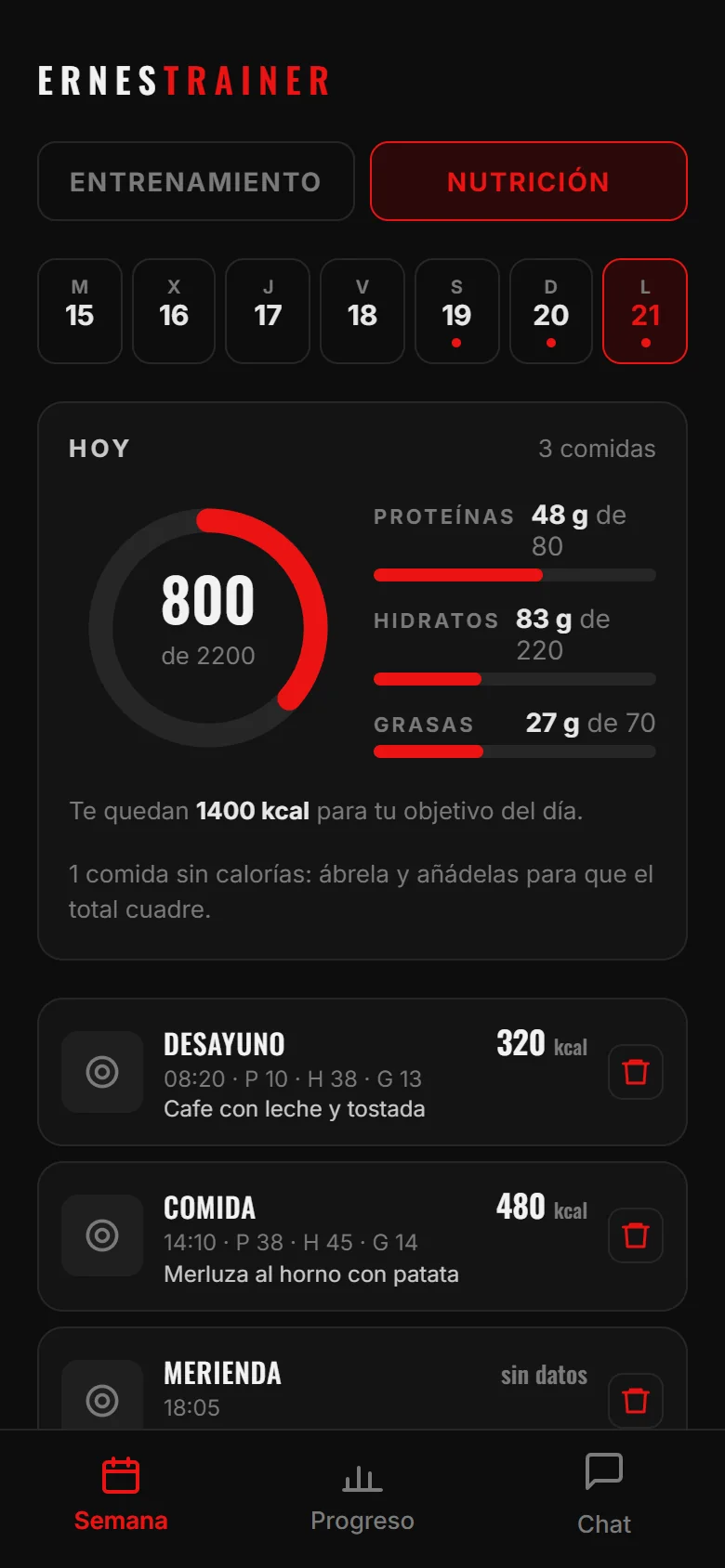 Pantalla de nutrición: calorías del día y reparto de proteínas, hidratos y grasas